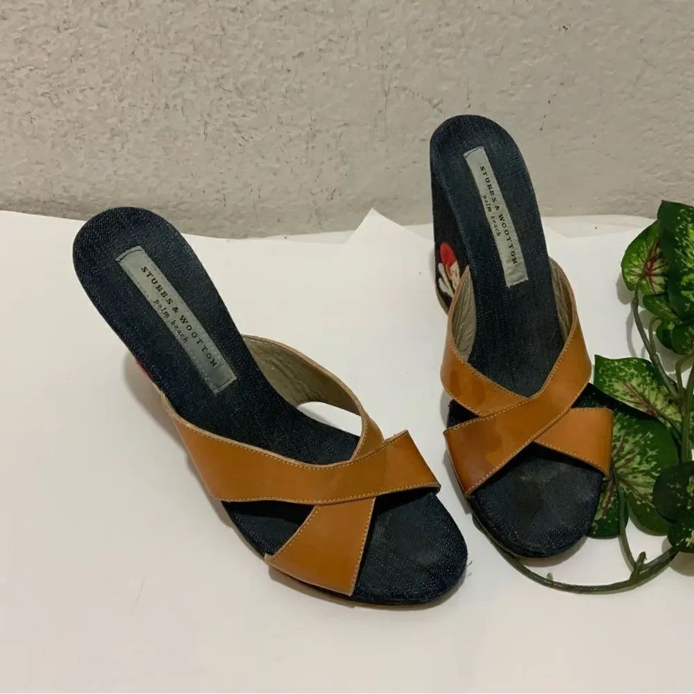 Stubbs & Wootton wedge sandals Denim sandal  EU 38 US 8 Blue tan  Jean 4” heel